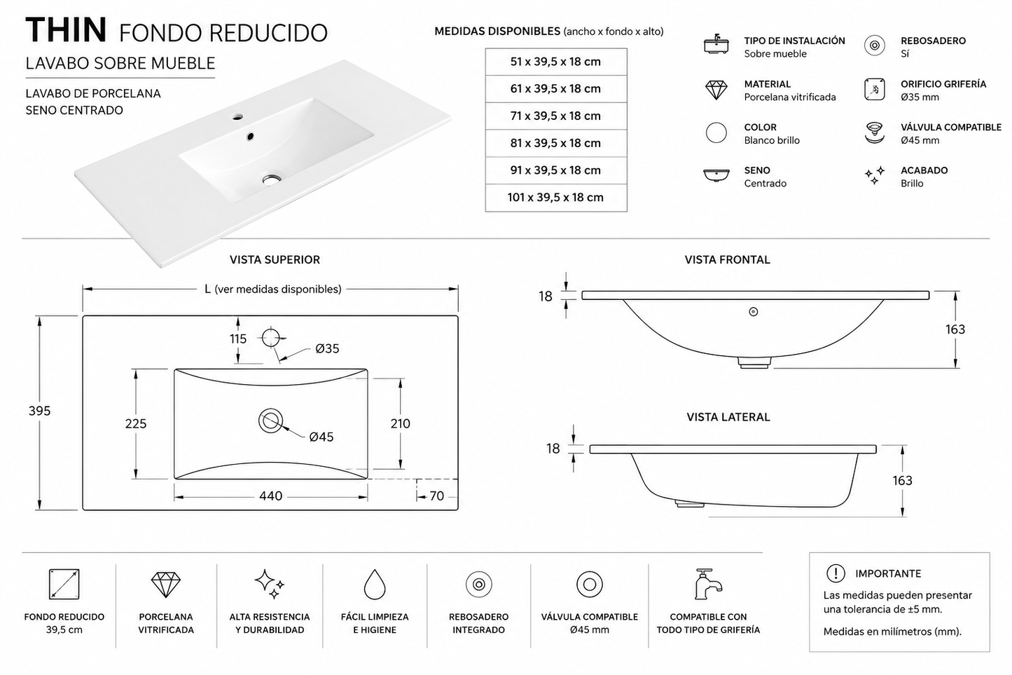 AANBIEDING Pack badmeubel VOLUM + LED-spiegel Megan met wastafel