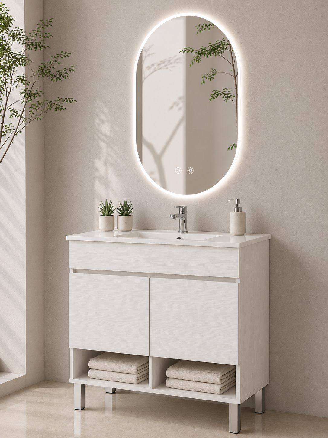 Meuble de salle de bain avec pieds NEBARI avec portes et lavabo extra-plat