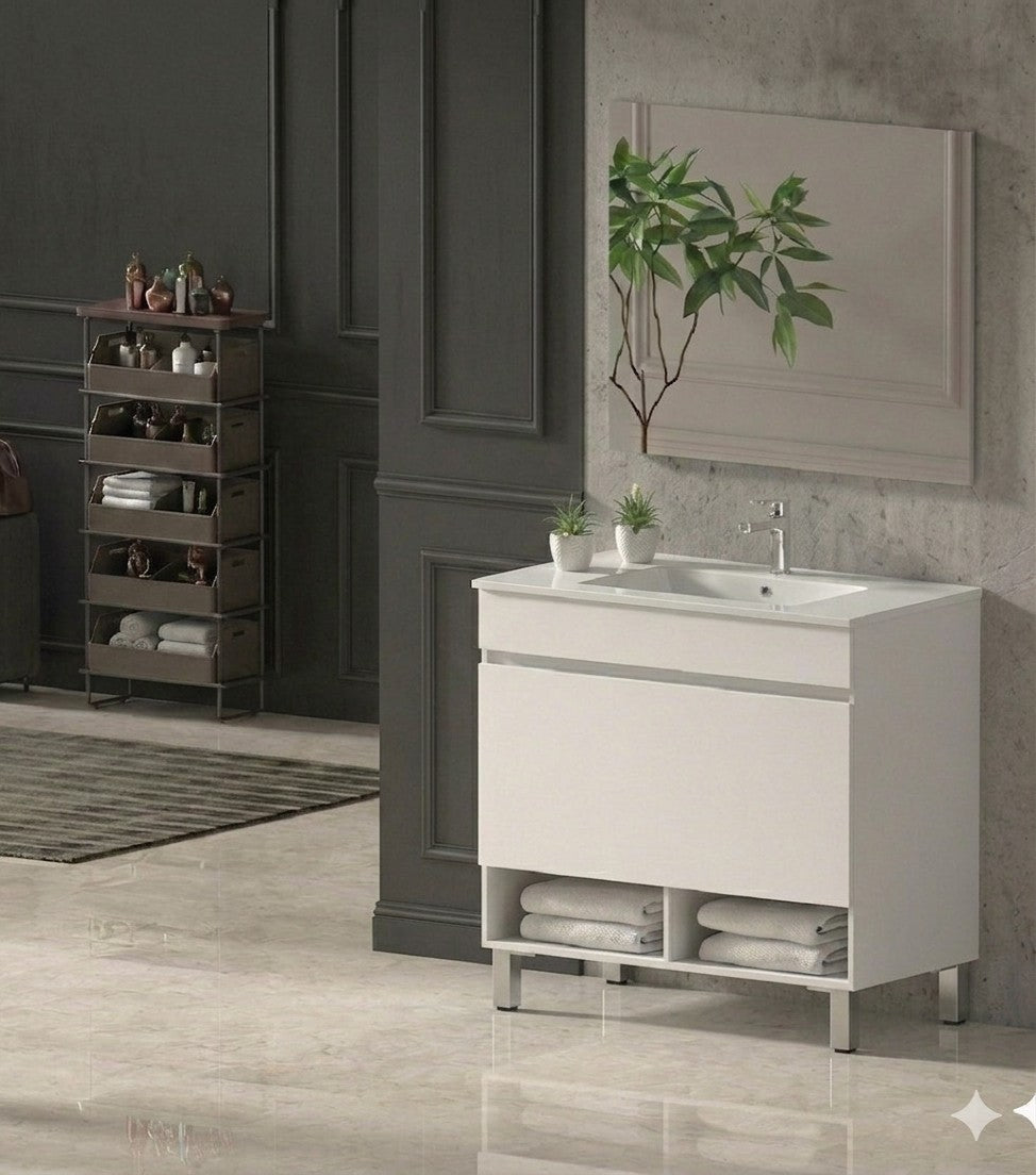 Meuble de salle de bain sur pieds NEBARI avec tiroir et lavabo extra-plat