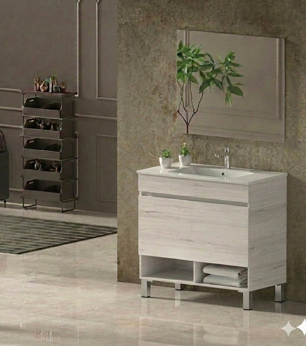 Meuble de salle de bain sur pieds NEBARI avec tiroir et lavabo extra-plat