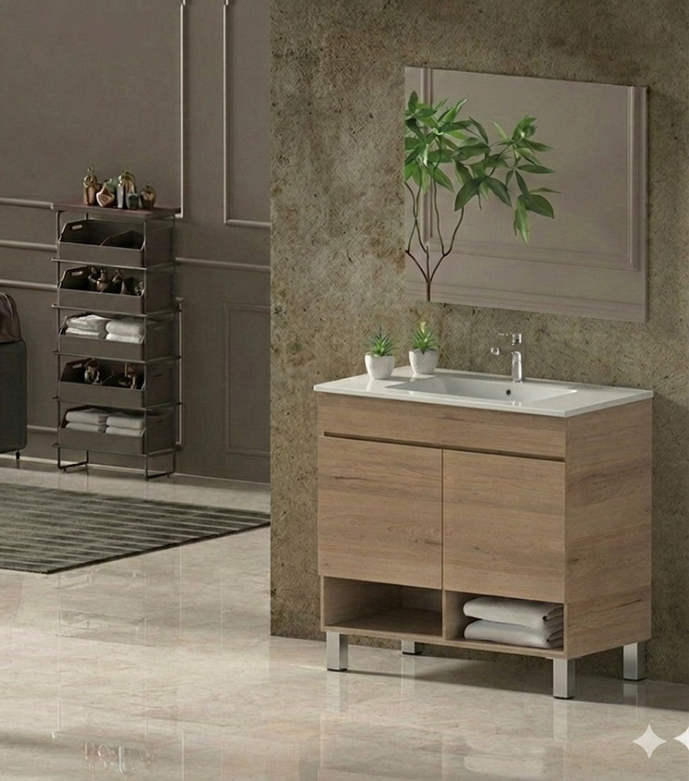 Meuble de salle de bain avec pieds NEBARI avec portes et lavabo extra-plat