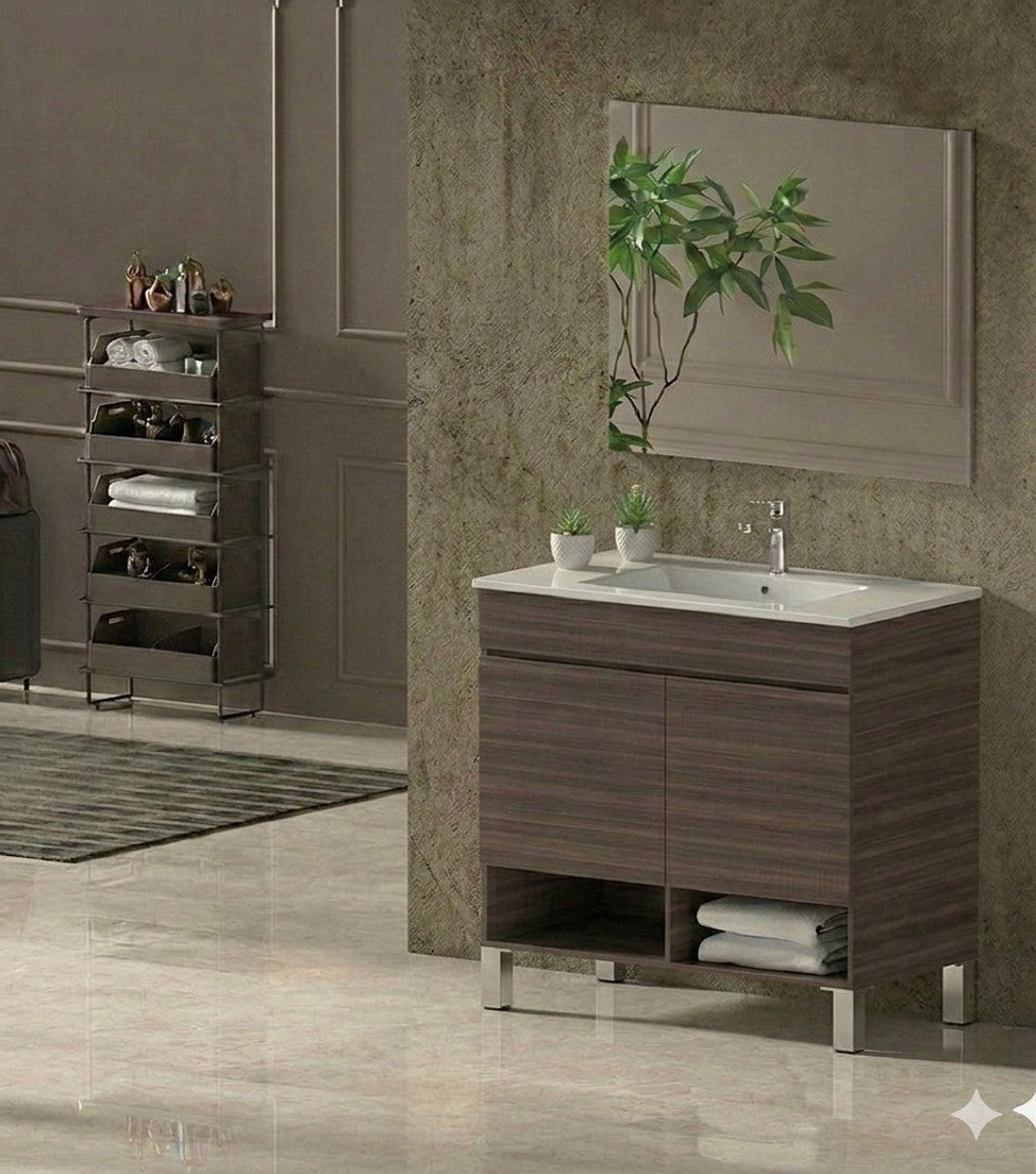 Meuble de salle de bain avec pieds NEBARI avec portes et lavabo extra-plat