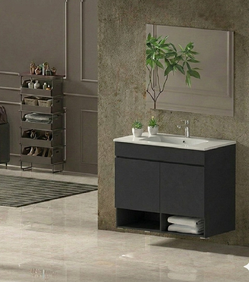 Meuble de salle de bain suspendu NEBARI avec portes et lavabo extra-plat