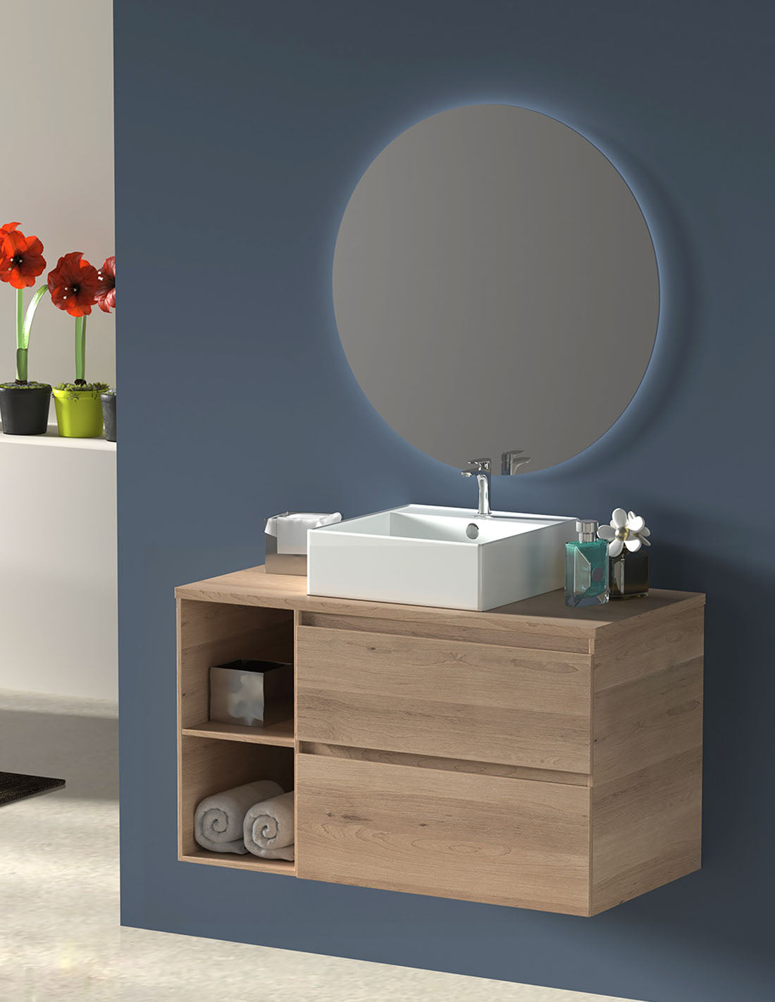 Meuble de salle de bain ZEUS avec plan de travail en bois et lavabo à poser